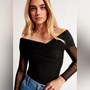 Abercrombie Long-Sleeve Off-The-Shoulder Wrap Mesh Bodysuit